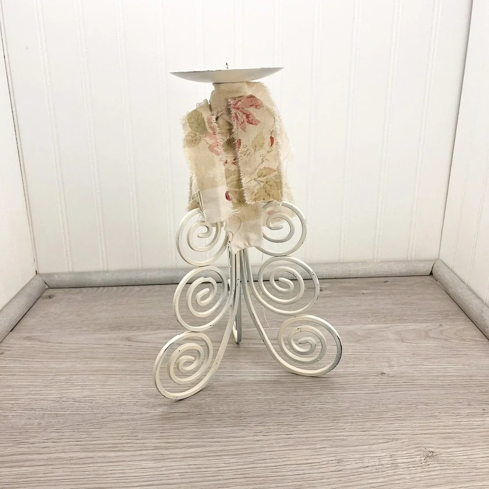 Vintage Shabby Chic Candle Holder: Weathered White Iron, Floral Burlap
